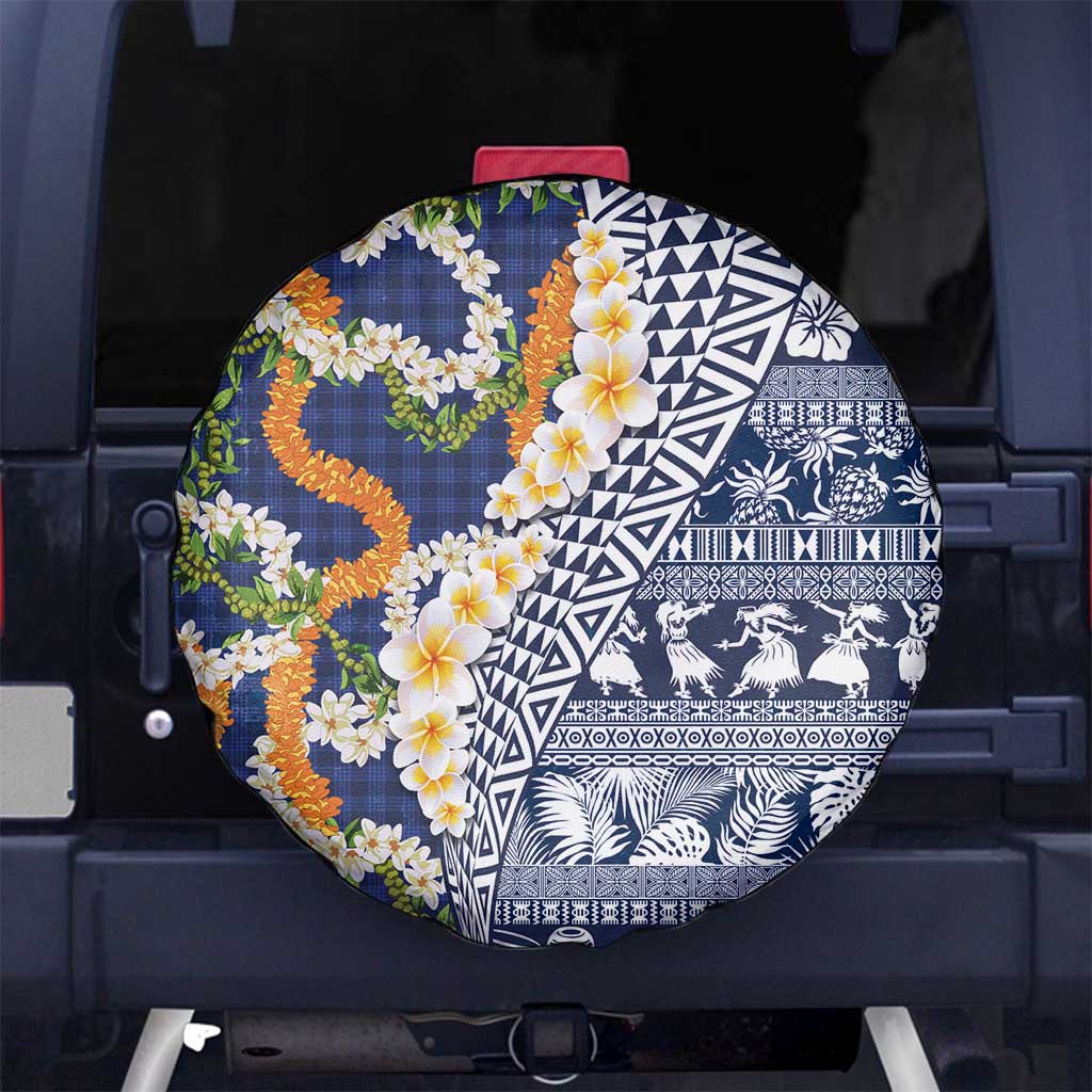 Hawaiian Plumeria Lei Spare Tire Cover Kakau Motifs and Palaka Half Style Blue Color - Polynesian Pride