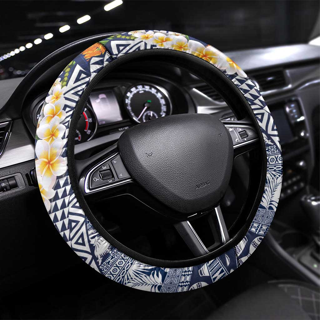 Hawaiian Plumeria Lei Steering Wheel Cover Kakau Motifs and Palaka Half Style Blue Color - Polynesian Pride