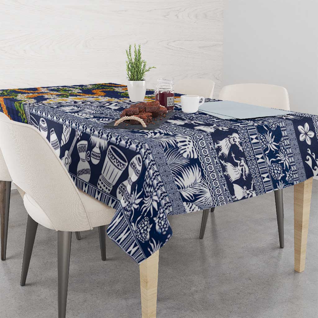 Hawaiian Plumeria Lei Tablecloth Kakau Motifs and Palaka Half Style Blue Color - Polynesian Pride