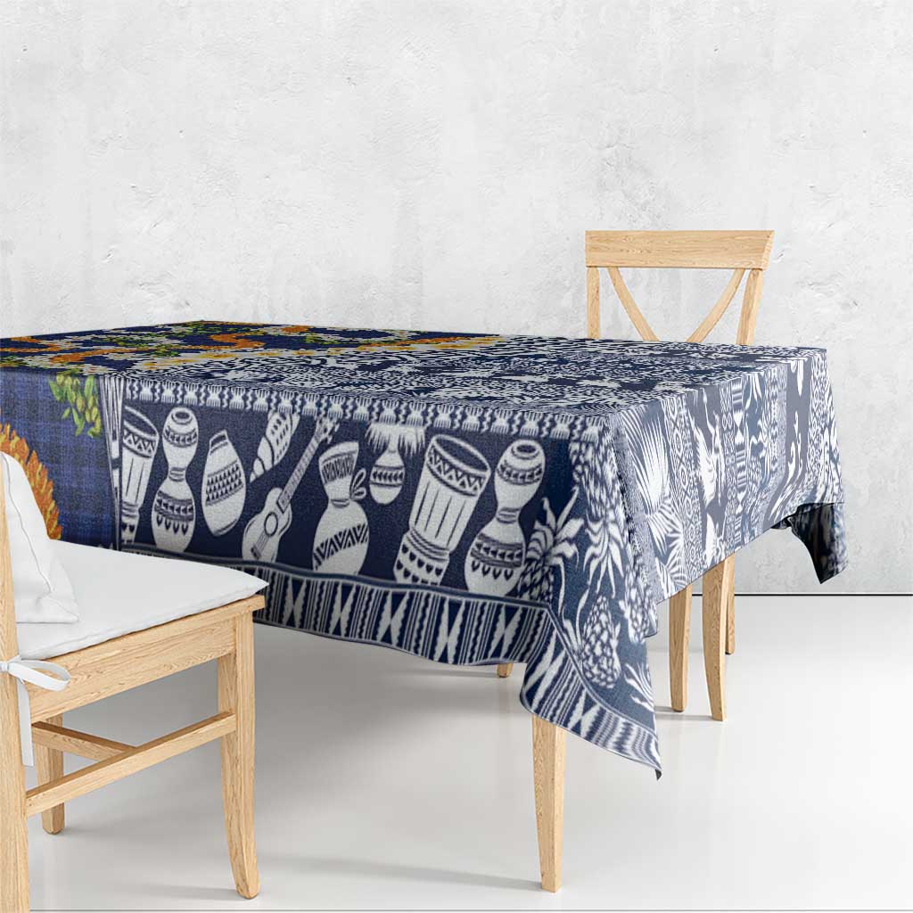 Hawaiian Plumeria Lei Tablecloth Kakau Motifs and Palaka Half Style Blue Color - Polynesian Pride