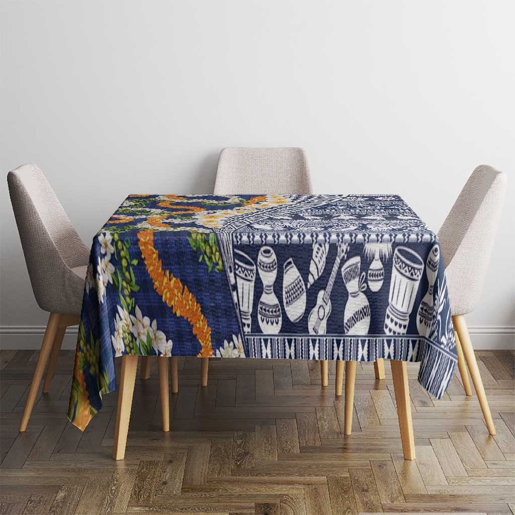 Hawaiian Plumeria Lei Tablecloth Kakau Motifs and Palaka Half Style Blue Color - Polynesian Pride