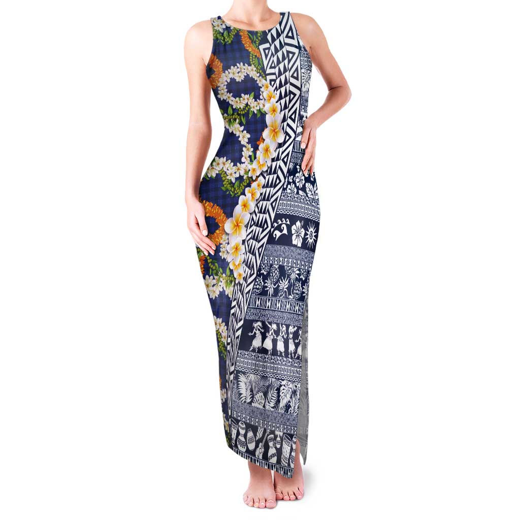 Hawaiian Plumeria Lei Tank Maxi Dress Kakau Motifs and Palaka Half Style Blue Color - Polynesian Pride