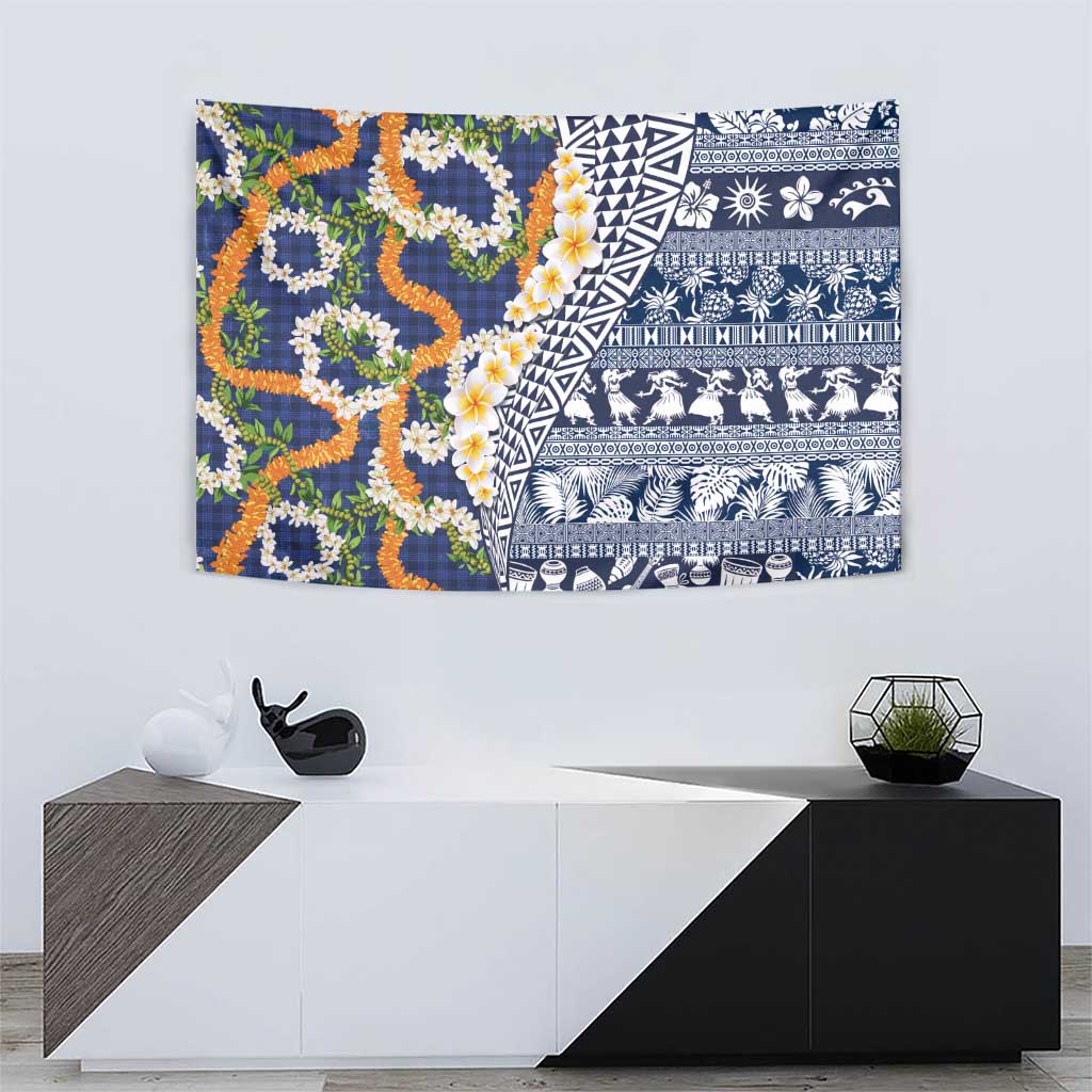 Hawaiian Plumeria Lei Tapestry Kakau Motifs and Palaka Half Style Blue Color - Polynesian Pride