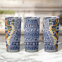 Hawaiian Plumeria Lei Tumbler Cup Kakau Motifs and Palaka Half Style Blue Color - Polynesian Pride