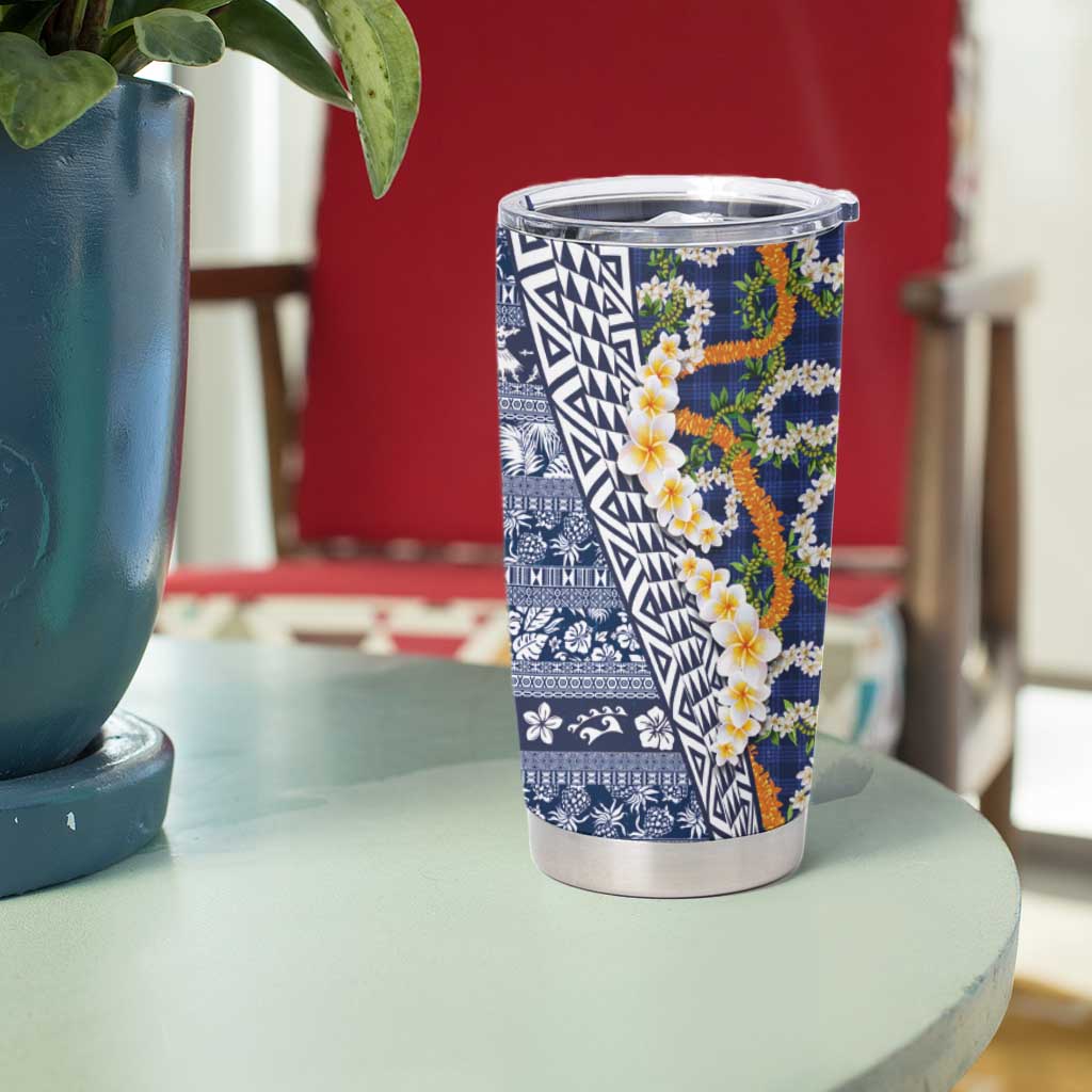 Hawaiian Plumeria Lei Tumbler Cup Kakau Motifs and Palaka Half Style Blue Color - Polynesian Pride