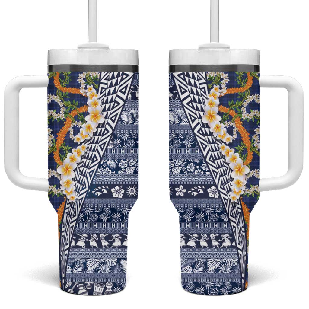 Hawaiian Plumeria Lei Tumbler With Handle Kakau Motifs and Palaka Half Style Blue Color - Polynesian Pride