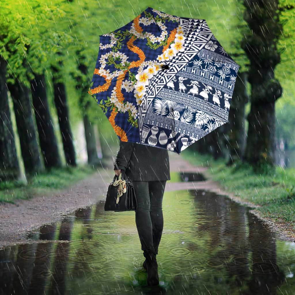 Hawaiian Plumeria Lei Umbrella Kakau Motifs and Palaka Half Style Blue Color - Polynesian Pride