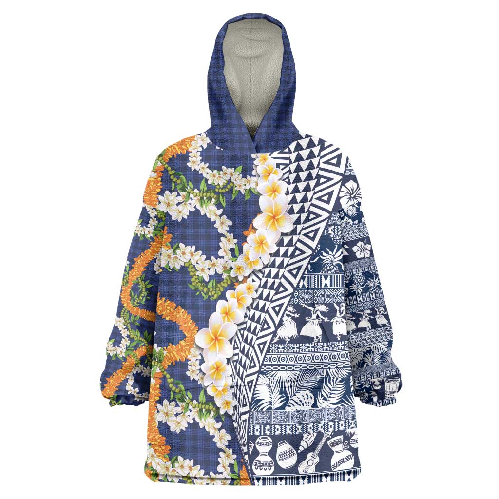 Hawaiian Plumeria Lei Wearable Blanket Hoodie Kakau Motifs and Palaka Half Style Blue Color - Polynesian Pride