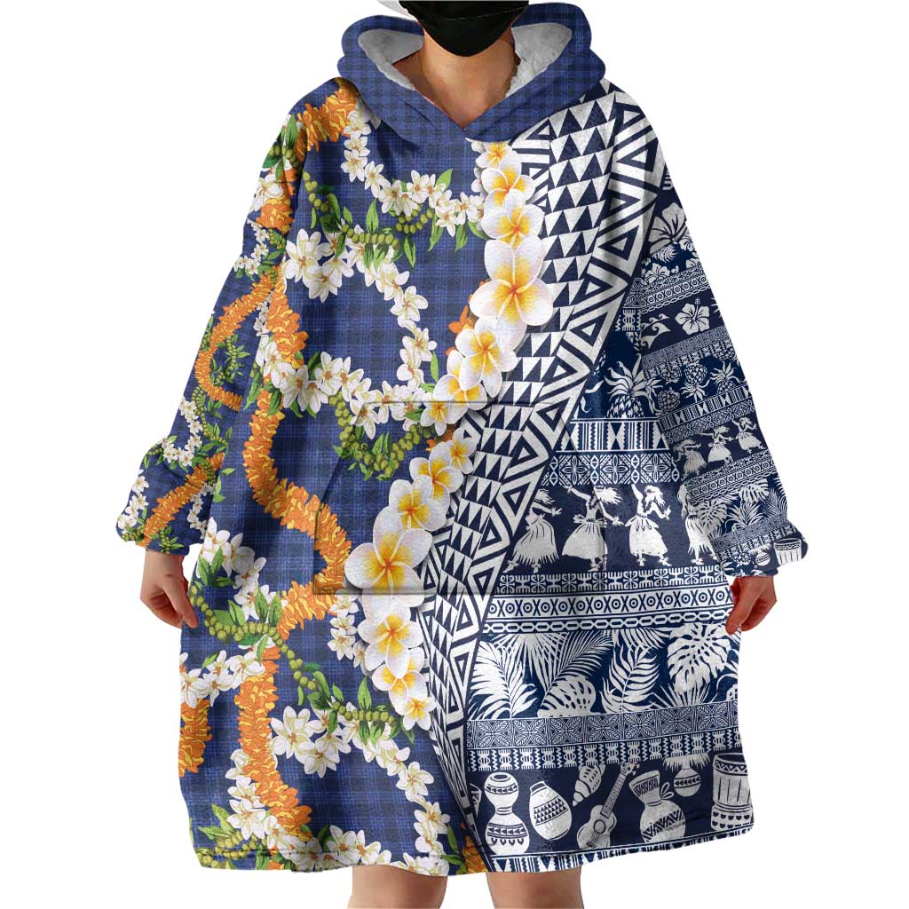 Hawaiian Plumeria Lei Wearable Blanket Hoodie Kakau Motifs and Palaka Half Style Blue Color - Polynesian Pride