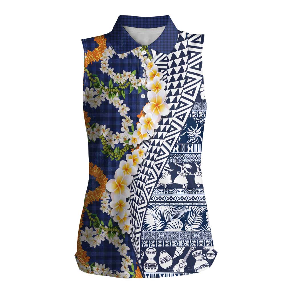 Hawaiian Plumeria Lei Women Sleeveless Polo Shirt Kakau Motifs and Palaka Half Style Blue Color - Polynesian Pride