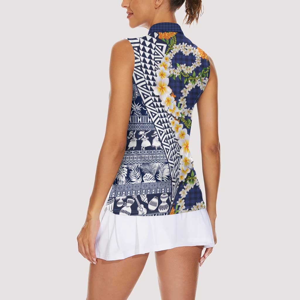Hawaiian Plumeria Lei Women Sleeveless Polo Shirt Kakau Motifs and Palaka Half Style Blue Color - Polynesian Pride