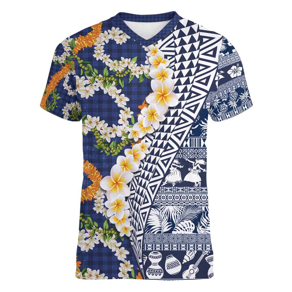 Hawaiian Plumeria Lei Women V-Neck T-Shirt Kakau Motifs and Palaka Half Style Blue Color - Polynesian Pride