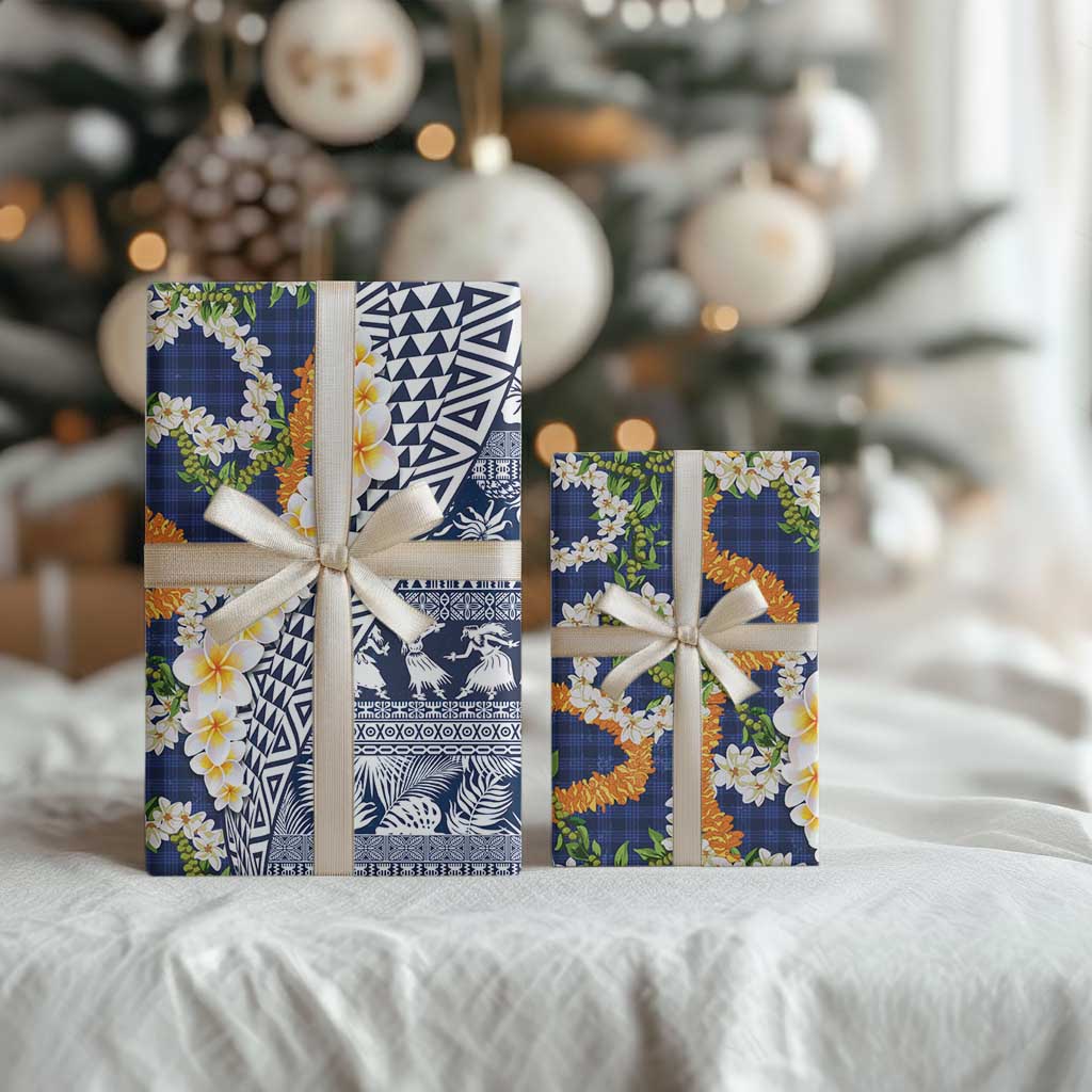 Hawaiian Plumeria Lei Wrapping Paper Kakau Motifs and Palaka Half Style Blue Color - Polynesian Pride