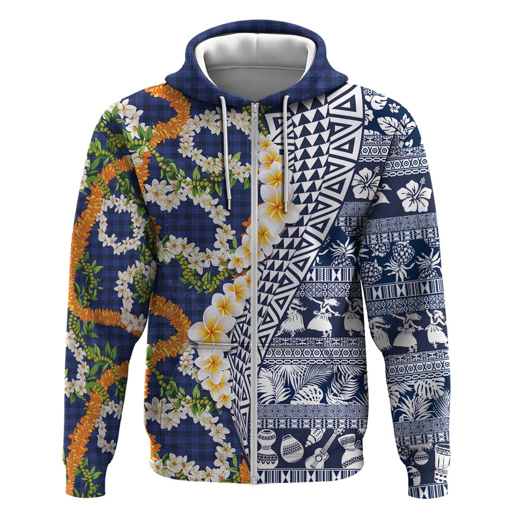 Hawaiian Plumeria Lei Zip Hoodie Kakau Motifs and Palaka Half Style Blue Color - Polynesian Pride
