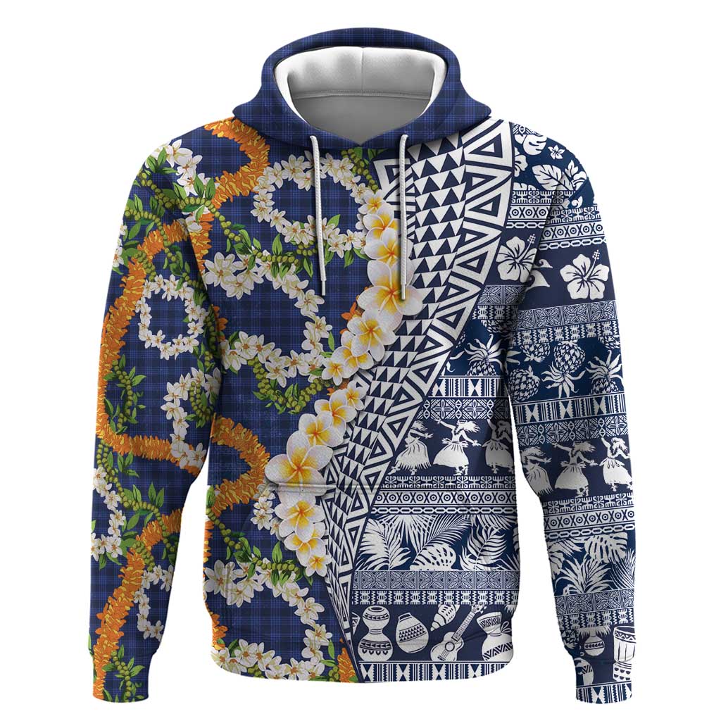 Hawaiian Plumeria Lei Zip Hoodie Kakau Motifs and Palaka Half Style Blue Color - Polynesian Pride