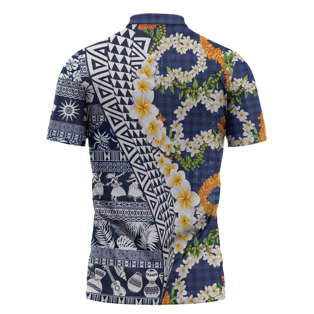 Hawaiian Plumeria Lei Zipper Polo Shirt Kakau Motifs and Palaka Half Style Blue Color - Polynesian Pride