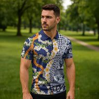Hawaiian Plumeria Lei Zipper Polo Shirt Kakau Motifs and Palaka Half Style Blue Color - Polynesian Pride