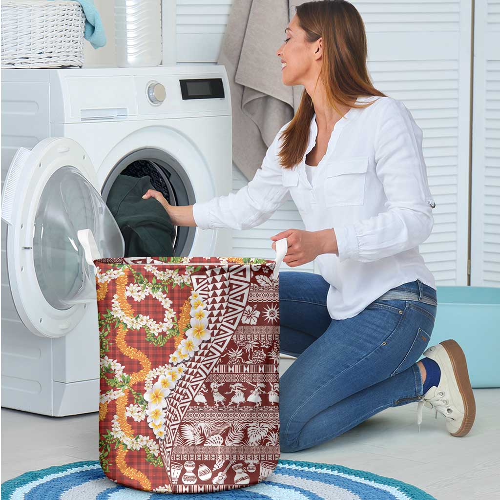 Hawaiian Plumeria Lei Laundry Basket Kakau Motifs and Palaka Half Style Red Color - Polynesian Pride