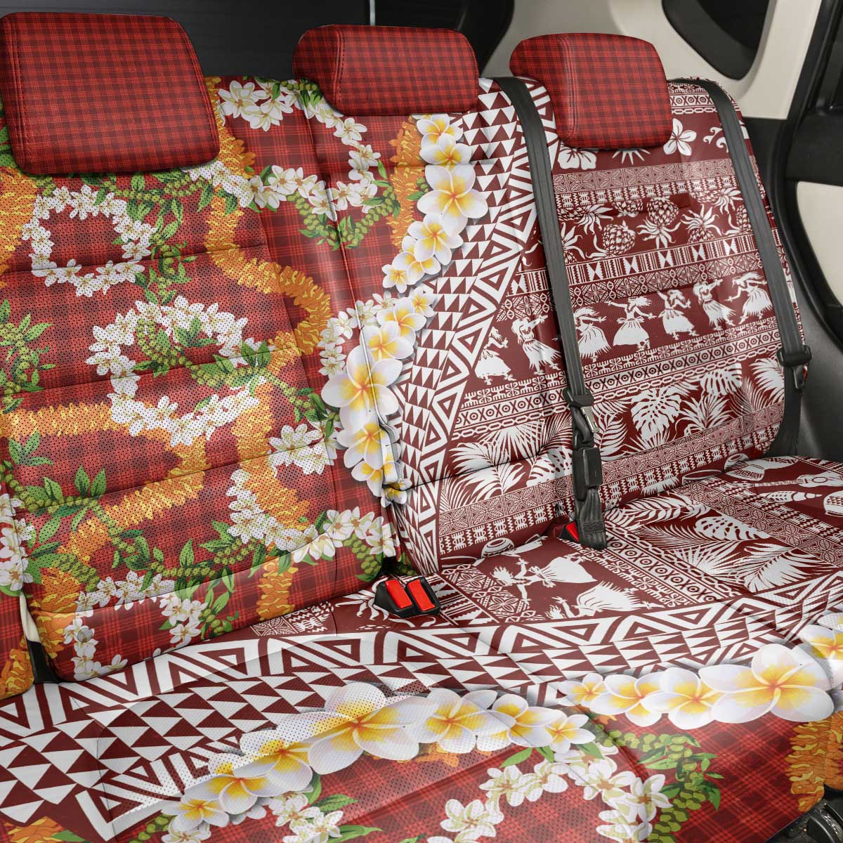 Hawaiian Plumeria Lei Back Car Seat Cover Kakau Motifs and Palaka Half Style Red Color - Polynesian Pride