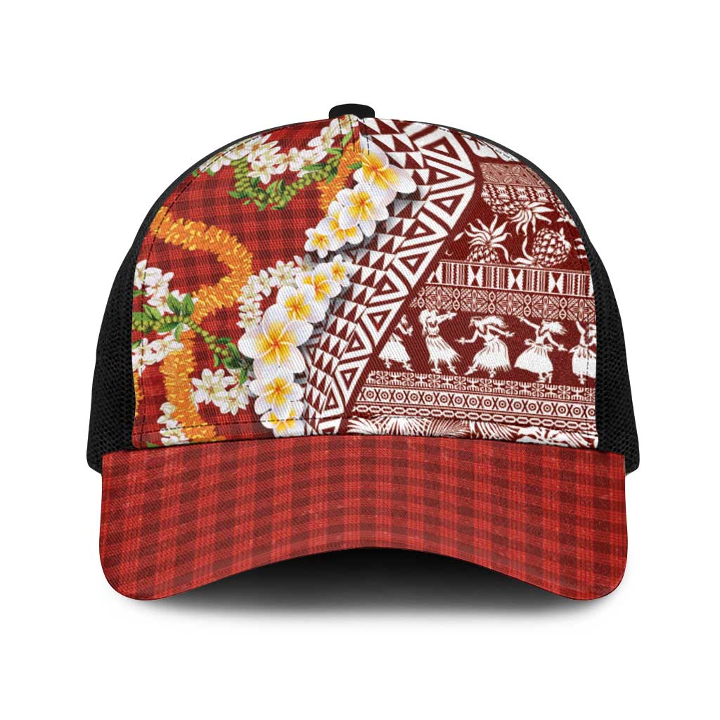 Hawaiian Plumeria Lei Baseball Net Cap Kakau Motifs and Palaka Half Style Red Color - Polynesian Pride