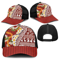Hawaiian Plumeria Lei Baseball Net Cap Kakau Motifs and Palaka Half Style Red Color - Polynesian Pride