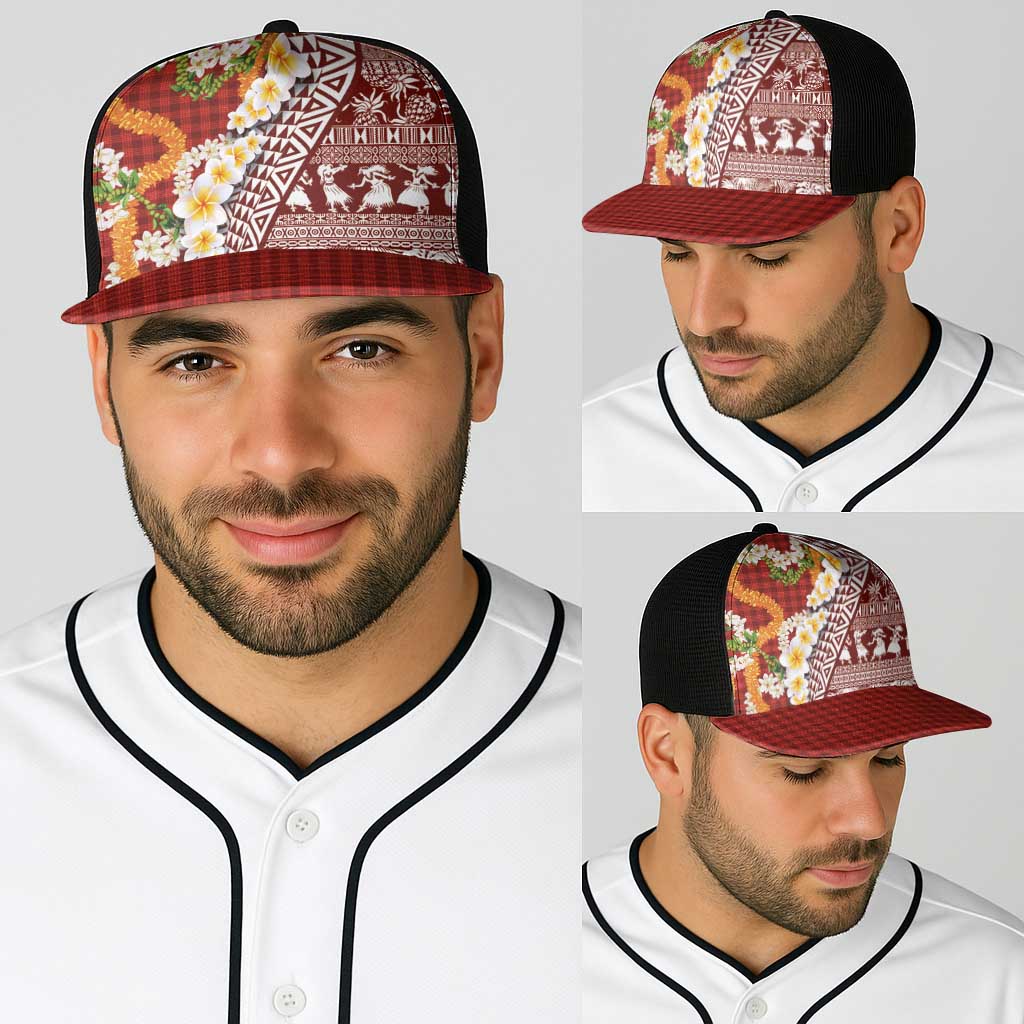 Hawaiian Plumeria Lei Baseball Net Cap Kakau Motifs and Palaka Half Style Red Color - Polynesian Pride