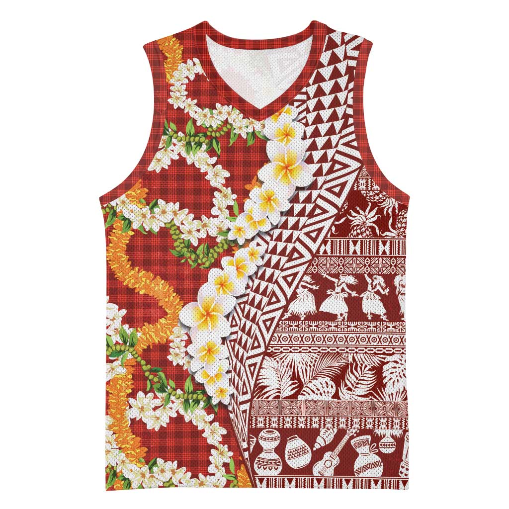 Hawaiian Plumeria Lei Basketball Jersey Kakau Motifs and Palaka Half Style Red Color - Polynesian Pride