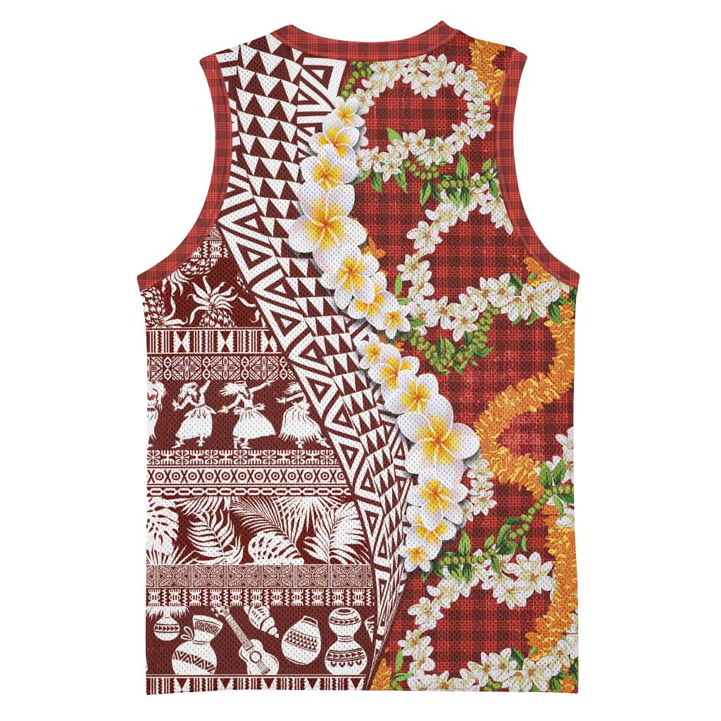 Hawaiian Plumeria Lei Basketball Jersey Kakau Motifs and Palaka Half Style Red Color - Polynesian Pride