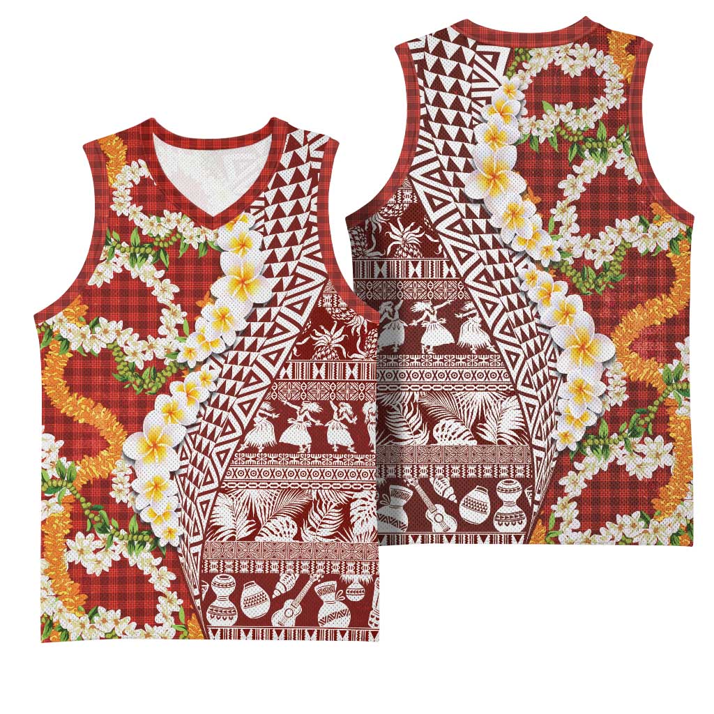 Hawaiian Plumeria Lei Basketball Jersey Kakau Motifs and Palaka Half Style Red Color - Polynesian Pride