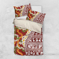 Hawaiian Plumeria Lei Bedding Set Kakau Motifs and Palaka Half Style Red Color - Polynesian Pride