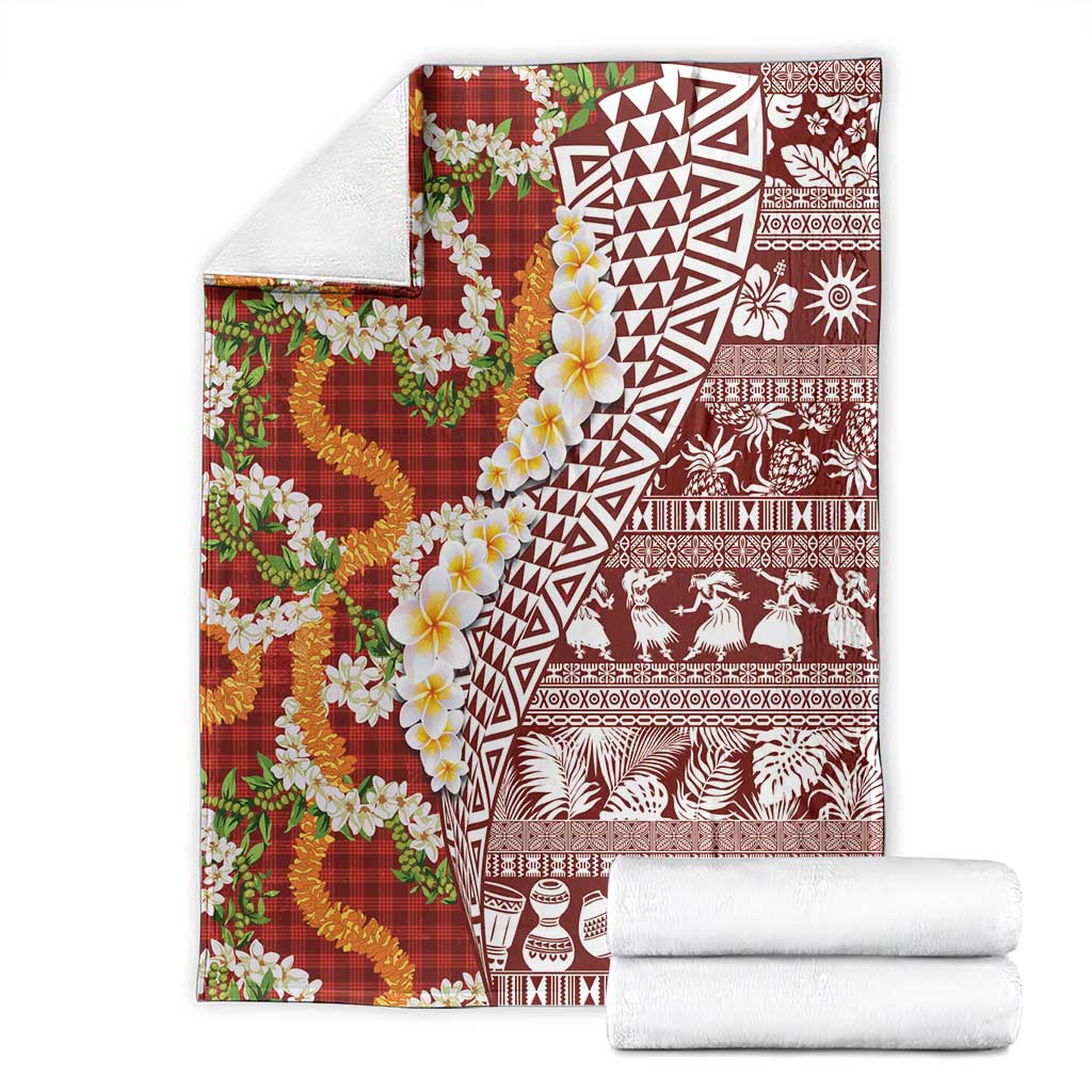 Hawaiian Plumeria Lei Blanket Kakau Motifs and Palaka Half Style Red Color - Polynesian Pride