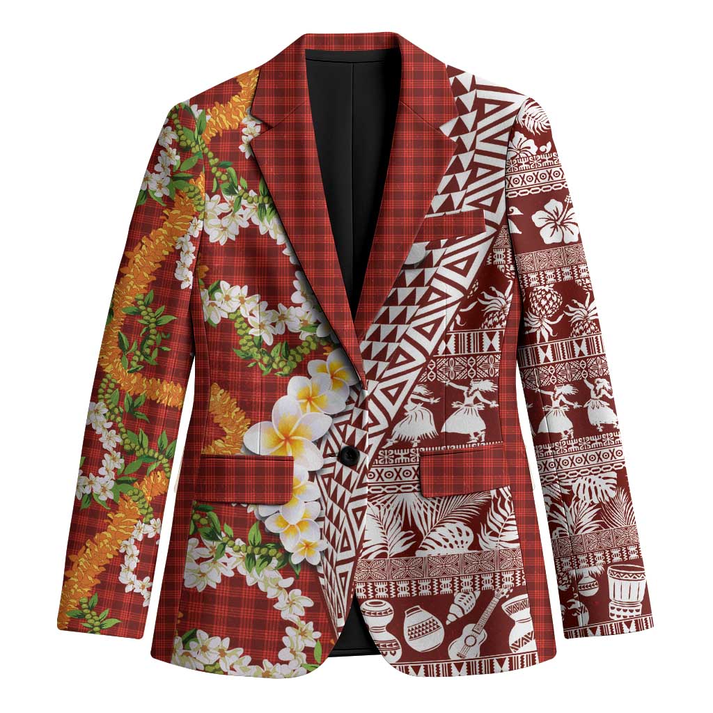 Hawaiian Plumeria Lei Blazer Kakau Motifs and Palaka Half Style Red Color - Polynesian Pride