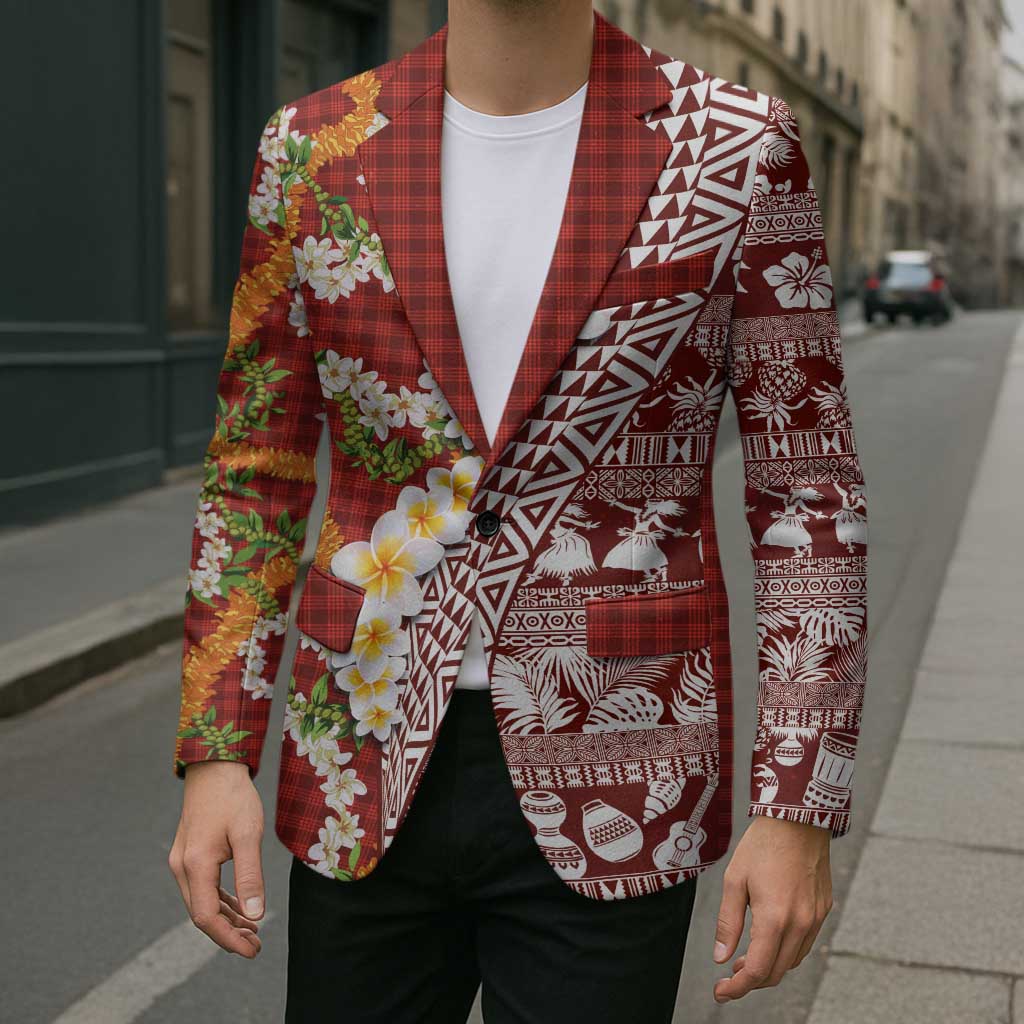 Hawaiian Plumeria Lei Blazer Kakau Motifs and Palaka Half Style Red Color - Polynesian Pride
