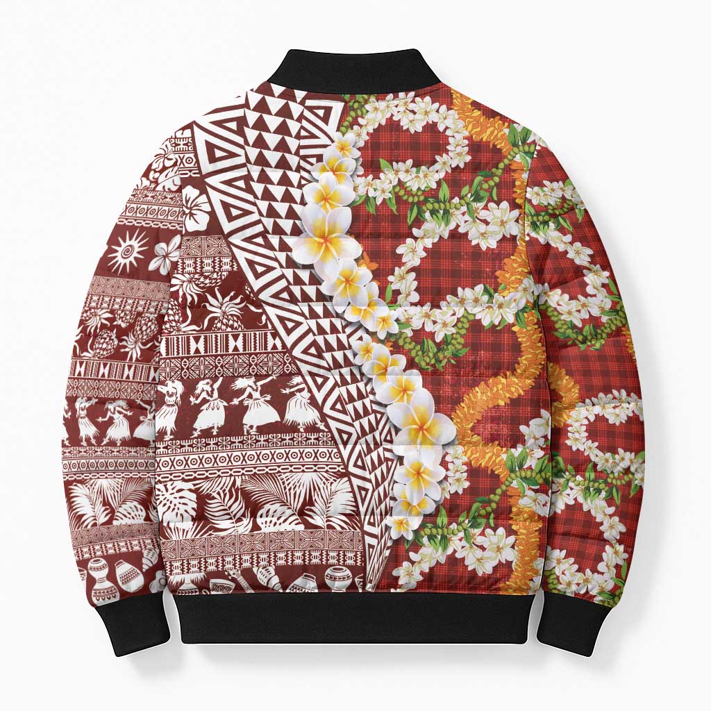 Hawaiian Plumeria Lei Bomber Puffer Jacket Kakau Motifs and Palaka Half Style Red Color - Polynesian Pride