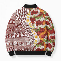 Hawaiian Plumeria Lei Bomber Puffer Jacket Kakau Motifs and Palaka Half Style Red Color - Polynesian Pride