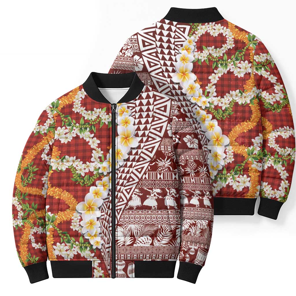 Hawaiian Plumeria Lei Bomber Puffer Jacket Kakau Motifs and Palaka Half Style Red Color - Polynesian Pride