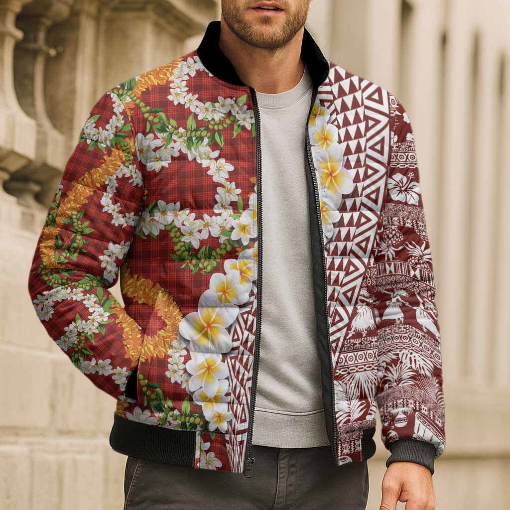Hawaiian Plumeria Lei Bomber Puffer Jacket Kakau Motifs and Palaka Half Style Red Color - Polynesian Pride