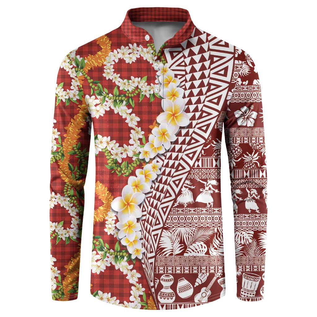 Hawaiian Plumeria Lei Button Sweatshirt Kakau Motifs and Palaka Half Style Red Color - Polynesian Pride