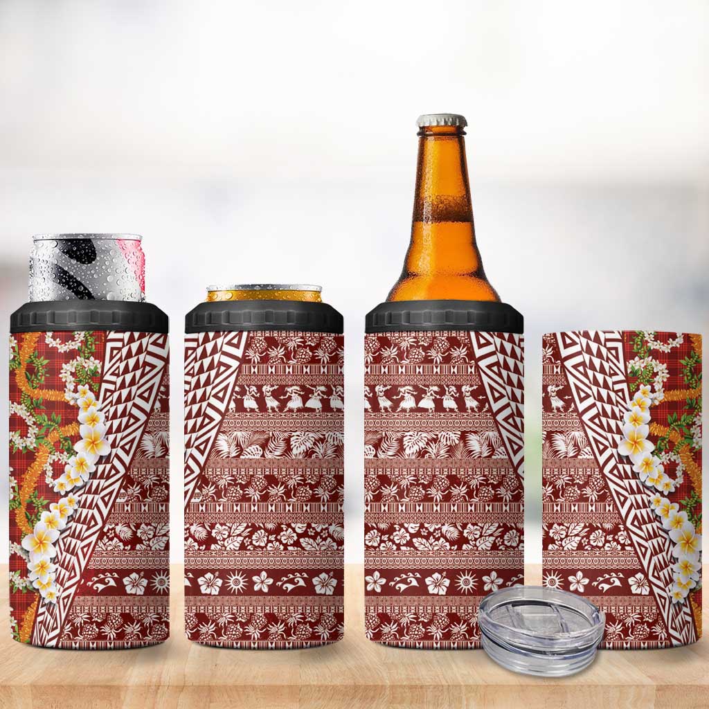 Hawaiian Plumeria Lei 4 in 1 Can Cooler Tumbler Kakau Motifs and Palaka Half Style Red Color - Polynesian Pride