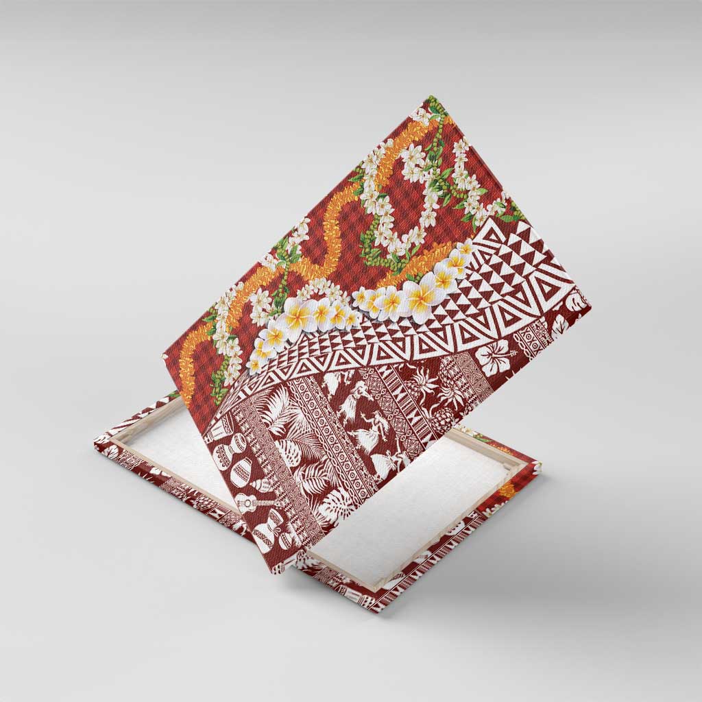 Hawaiian Plumeria Lei Canvas Wall Art Kakau Motifs and Palaka Half Style Red Color - Polynesian Pride