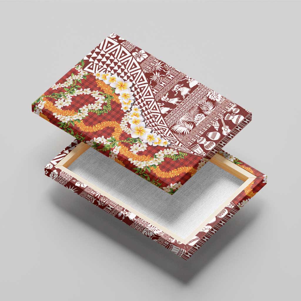 Hawaiian Plumeria Lei Canvas Wall Art Kakau Motifs and Palaka Half Style Red Color - Polynesian Pride