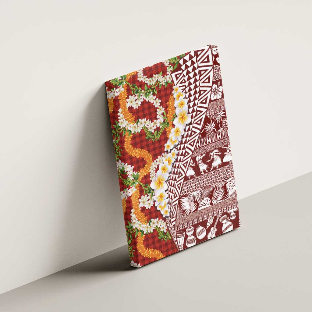 Hawaiian Plumeria Lei Canvas Wall Art Kakau Motifs and Palaka Half Style Red Color - Polynesian Pride