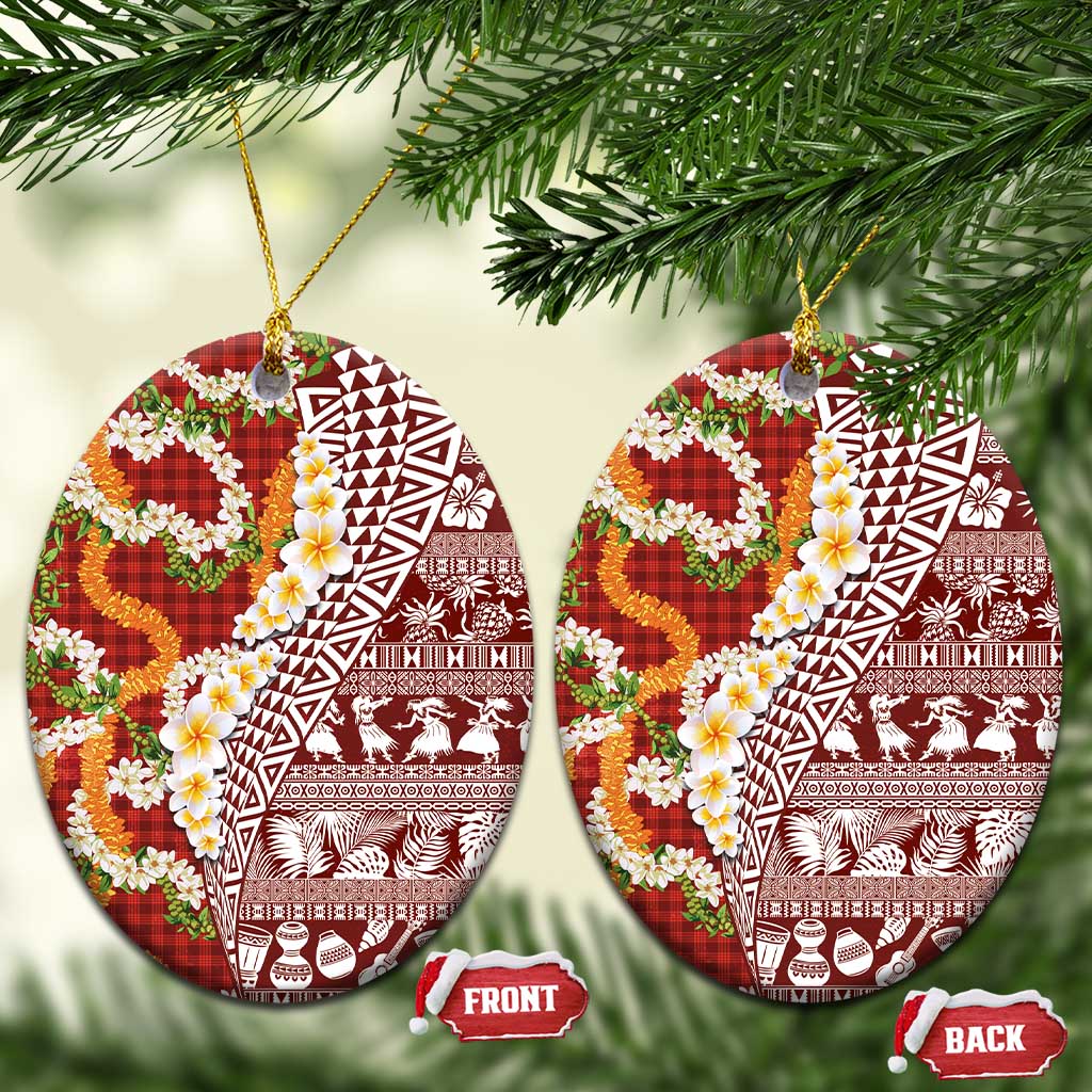 Hawaiian Plumeria Lei Ceramic Ornament Kakau Motifs and Palaka Half Style Red Color - Polynesian Pride