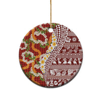 Hawaiian Plumeria Lei Ceramic Ornament Kakau Motifs and Palaka Half Style Red Color - Polynesian Pride