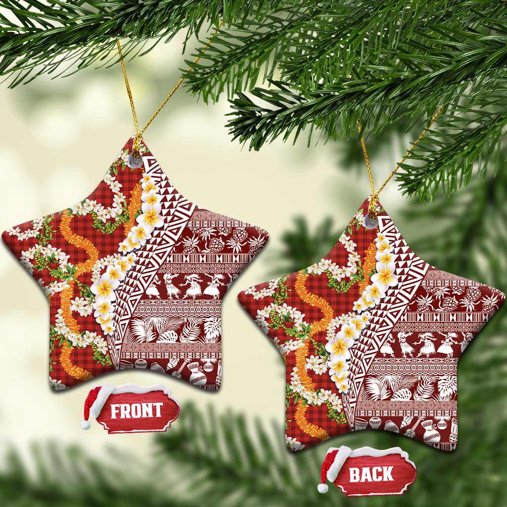 Hawaiian Plumeria Lei Ceramic Ornament Kakau Motifs and Palaka Half Style Red Color - Polynesian Pride