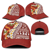 Hawaiian Plumeria Lei Classic Cap Kakau Motifs and Palaka Half Style Red Color - Polynesian Pride