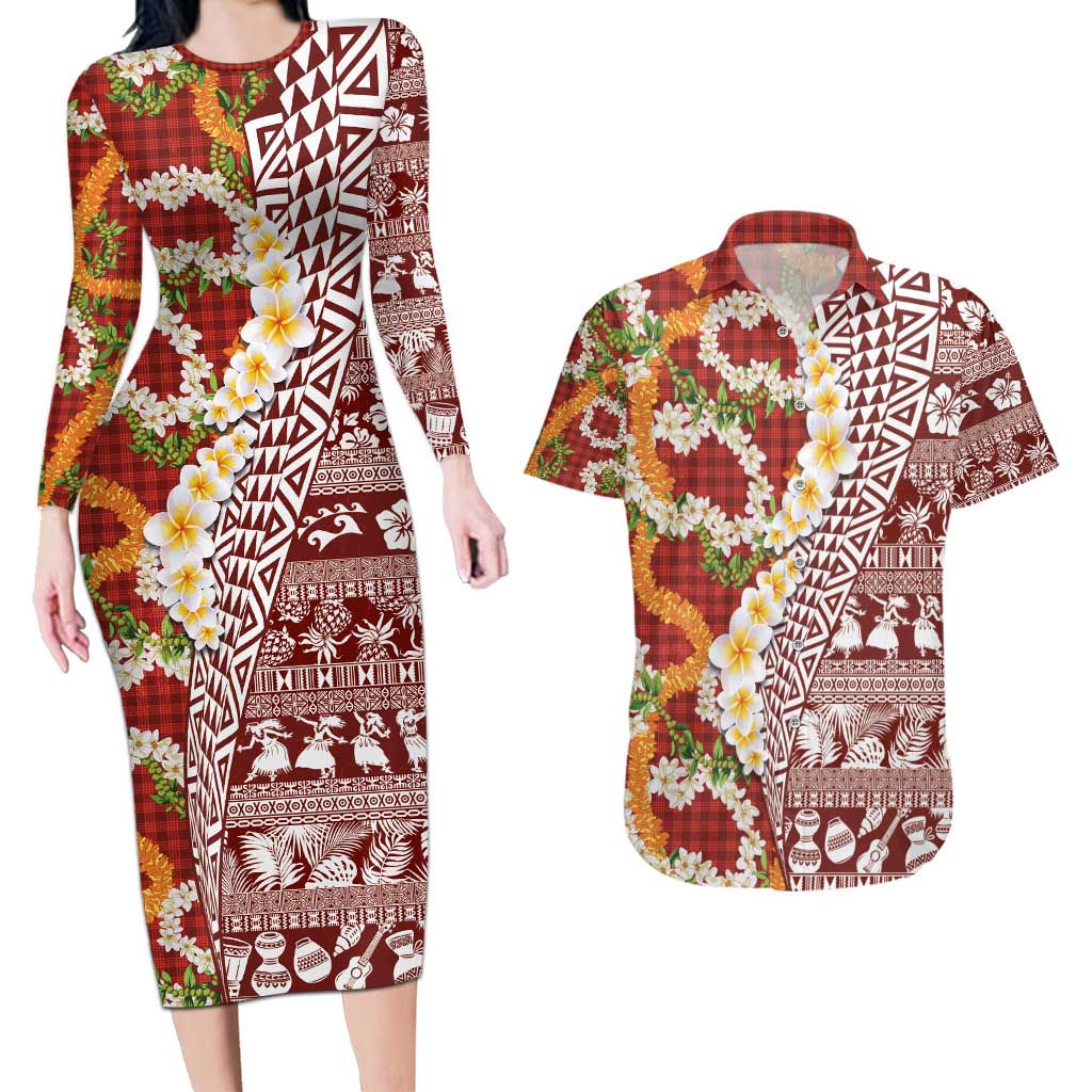 Hawaiian Plumeria Lei Couples Matching Long Sleeve Bodycon Dress and Hawaiian Shirt Kakau Motifs and Palaka Half Style Red Color - Polynesian Pride