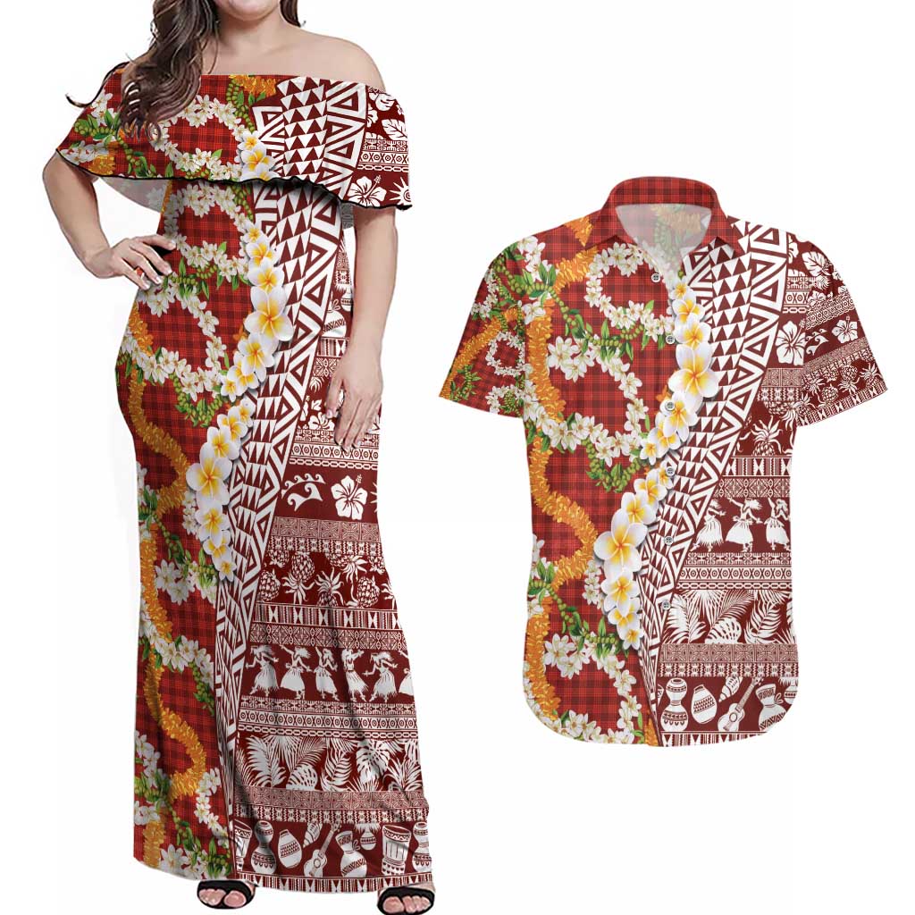 Hawaiian Plumeria Lei Couples Matching Off Shoulder Maxi Dress and Hawaiian Shirt Kakau Motifs and Palaka Half Style Red Color - Polynesian Pride