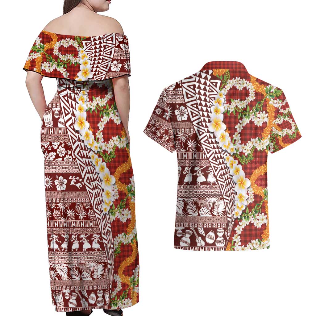 Hawaiian Plumeria Lei Couples Matching Off Shoulder Maxi Dress and Hawaiian Shirt Kakau Motifs and Palaka Half Style Red Color - Polynesian Pride