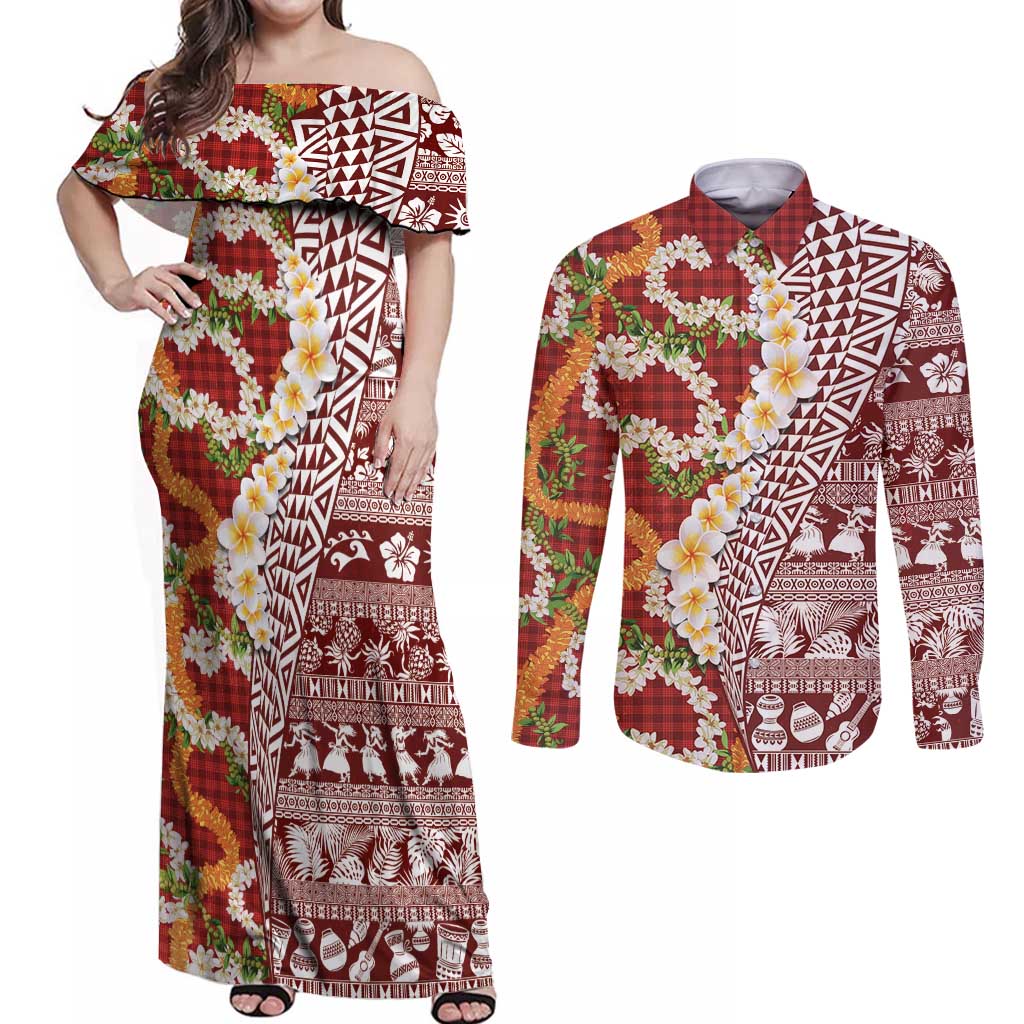 Hawaiian Plumeria Lei Couples Matching Off Shoulder Maxi Dress and Long Sleeve Button Shirt Kakau Motifs and Palaka Half Style Red Color - Polynesian Pride